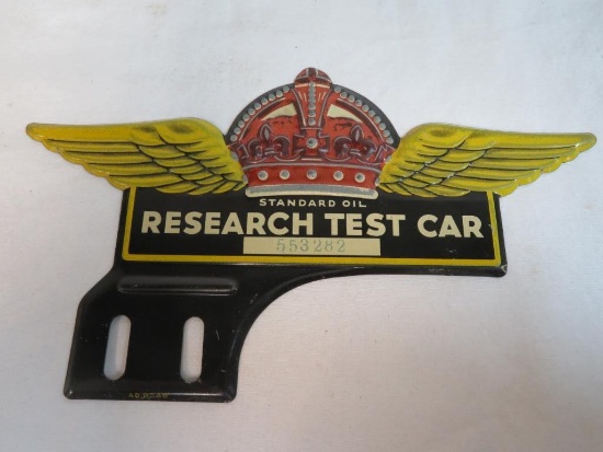 Rare Standar Oil Research Test Car Embossed Metal License Plate Topper