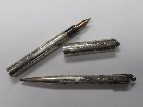 Antique Sterling Silver Mabie, Todd & Co Swan Fountain Pen and Mechanical Pencil Set