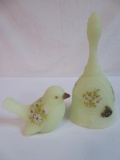 Vintage Fenton Hand Painted Custard Art Glass Bell & Bird, Artist Signed