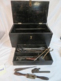 Antique Wooden Tool Chest with Assortment of Woodworking Tools