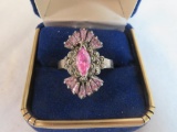 Beautiful Vintage Sterling Silver Ladies Cocktail Ring with Pink Ice and Marcasite