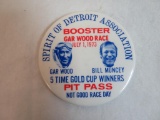 Rare Dated 1973 Spirit of Detroit Gar Wood Race Pinback Pit Pass