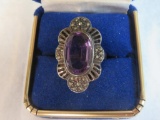 Beautiful Vintage Sterling Silver Amethyst & Marcasite Ladies Cocktail Ring