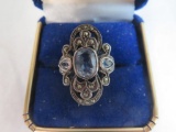 Beautiful Vintage Sterling Silver Blue Topaz & Marcasite Ladies Cocktail Ring