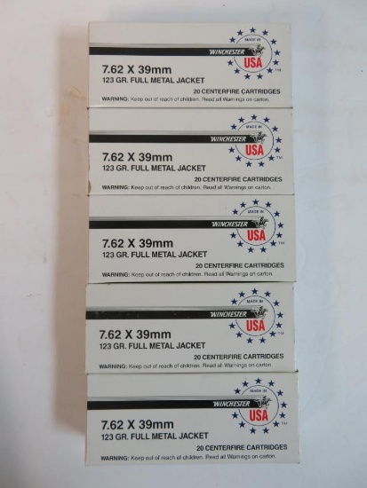 5 NOS Boxes (100 Rds) Winchester 7.62 x 39 FMJ Factory Ammo