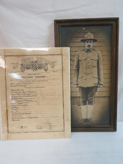 Original WWI Army Soldier Discharge Document & Framed Photograph