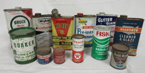 Lot (12) Asst. Vintage Oil Cans & Related Sunoco, Texaco, Hi-Rev+