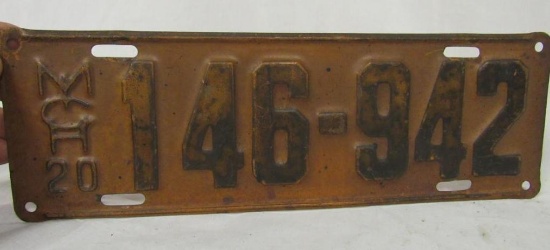 Antique 1920 Michigan Original License Plate