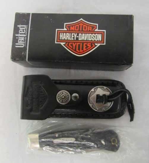 Beautiful United USA Harley Davidson Lockback Folding Knife in Original Leather Sheath MIB