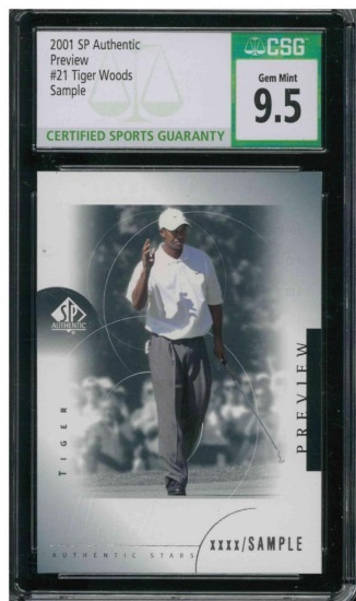 2001 SP Authentic Golf Preview #21 Tiger Woods RC Rookie Card (Sample) CSG 9.5 Gem Mint