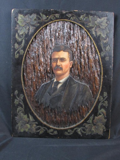 Outstanding Antique Theodore Roosevelt Original Oil Painting on Carved Wood