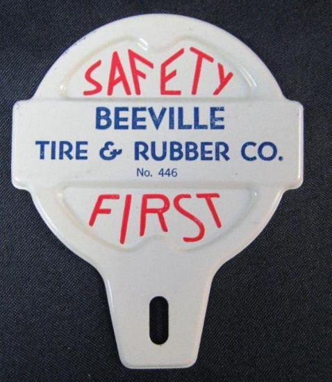 Vintage Beevile Tire & Rubber Co. Embossed Metal License Plate Topper