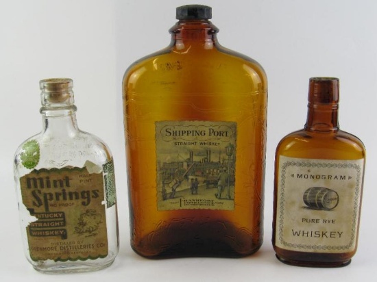 (3) Antique Paper Label Glass Whiskey Bottles