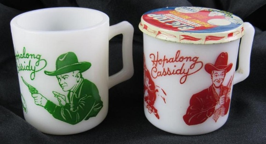 (2) Antique Hopalong Cassidy Milk Glass Mugs (1 with Big top Peanut Butter Lid)