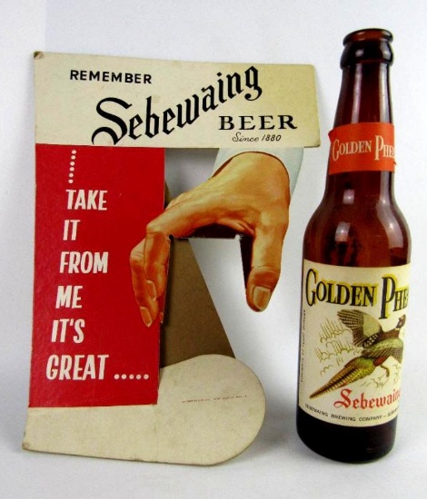 Antique Sebawing Beer Paper Label Glass " Golden Pheasant" Bottle w/ Original Cardboard Display Sign