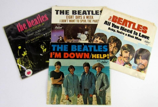 Lot (4) Vintage Original Beatles 45 RPM Records with Original Sleeves