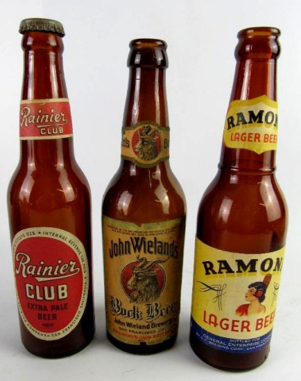 (3) Antique Paper Label Beer Bottles- All San Francisco CA