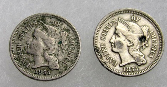 1874 & 1881 US 3 Cent Nickels