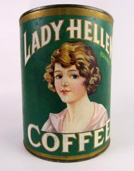Outstanding Antique Lady Hellen Coffee Paper Label Tin