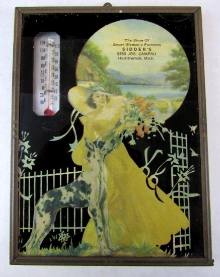 Excellent Antique Art Deco Lady w/ Great Dane Advertising Thermometer- Sidders Women's Fashions-