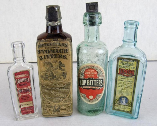 Lot (4) Antique Paper Label Glass Bottles Bitters, Extract of Lemon, Etc