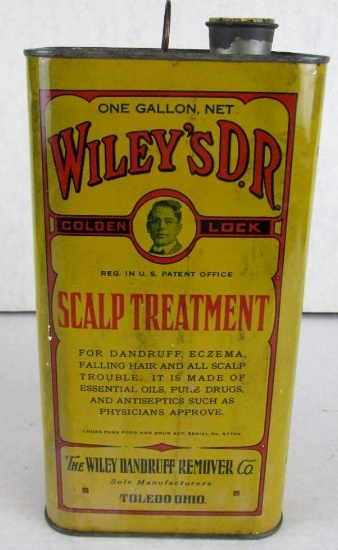 Excellent Antique Wiley's Dandruff Remover DR Scalp Treatment 1 Gallon Tin Can