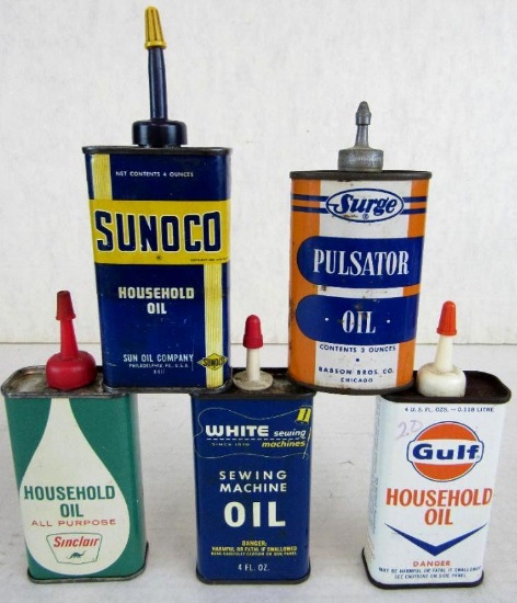 Lot (5) Antique Handy Oiler Cans- Sunoco, Sinclair, Gulf, Surge, White