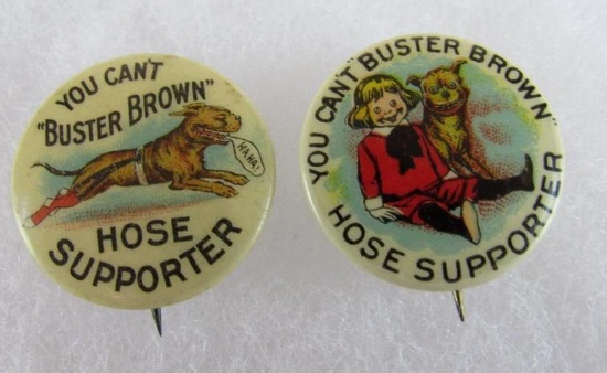 (2) Antique Buster Brown Hose Supporter Celluloid Pin Backs