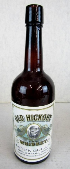 Rare Antique Old Hickory Whiskey Paper Label Glass Bottle- Anton Guillio, Houghton Michigan