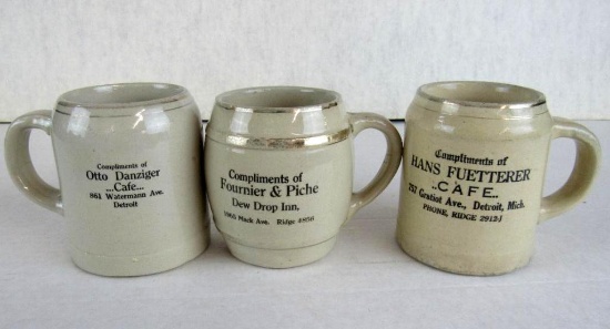 (3) Antique Pre-Prohibition Stoneware Beer Mugs All Detroit Advertising/ Motto Mugs