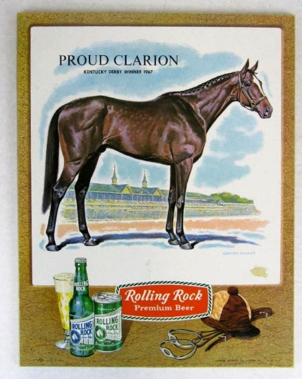 Vintage 1967 Rolling Rock Beer 11x14" Proud Clarion Kentucky Derby Winner Sign/ Easel Back