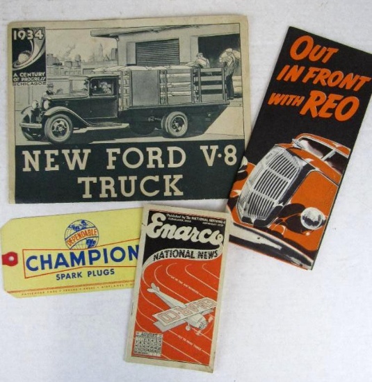 Grouping 1930's Automotive Ephemera Enarco, Ford Trucks, REO, Champion Spark Plugs