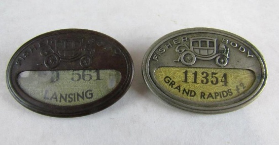 (2) Antique Fisher Body Employee/ Worker Badges- Lansing, Grand Rapids