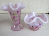 (2) Fenton Art Glass Pink Opalescent Hand Painted Vases