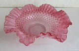 Large Vintage Fenton Cranberry Opalescent Hobnail Ruffled Edge Bowl 11