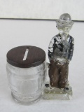 Excellent Antique Charlie Chaplin Glass Candy Container/ Bank