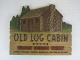 Excellent Antique Old Log Cabin Straight Bourbon Whiskey Original Masonite Sign