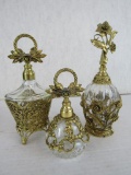 Lot (3) Antique Perfume Bottles Glass & Brass