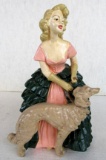 Antique Heavy Chalkware or Plaster Statue Lady with Dog 10.5