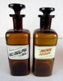 (2) Antique Amber Apothecary Bottles/ Label Under Glass including Phenol-Poison