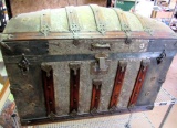 Antique Oak and Pressed Tin Hump Back Trunk