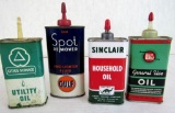 Lot (4) Antique Metal Handy Oiler Cans-Gulf, Sinclair, Whiz, Cities Service