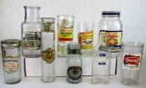 Lot (9) Antique General Store Glass Paper Label Bottle/Jars- Jelly, Olives, Pickles, Relish, etc