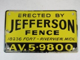 Antique NOS Jefferson Fence Embossed Steel Sign (Riverview, MI)