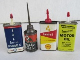 Lot (4) Vintage Metal Handy Oiler Cans Pure Oil, Shell, Texaco+