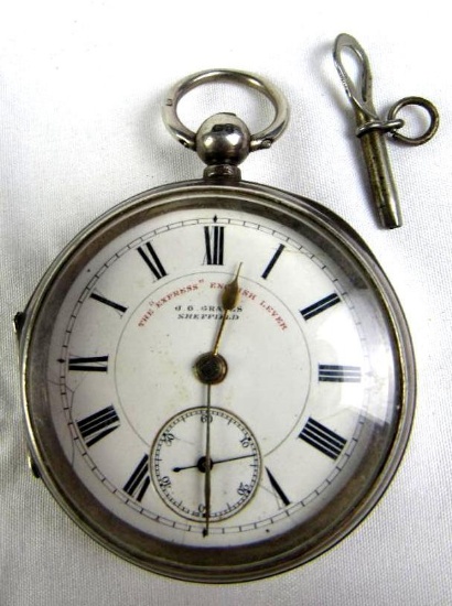 Antique J.D. Graves Sheffield Express English Lever 18s Key wind Pocket Watch Sterling Silver Case