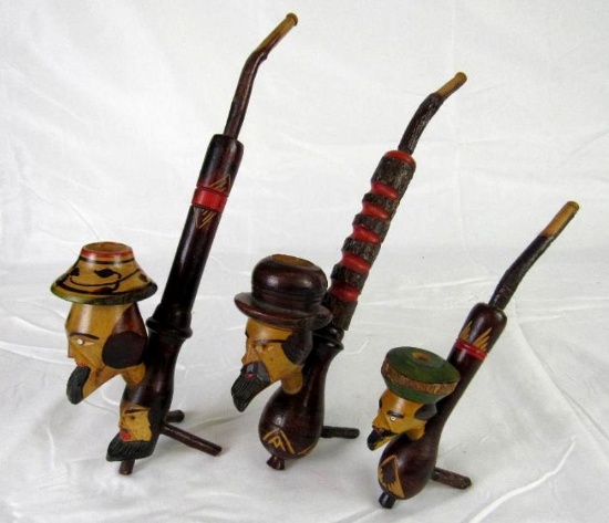 Set (3) Vintage Hand Carved Wood Smoking Pipes w/ Figural Face Bowls