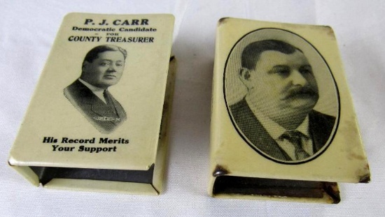 (2) Antique Celluloid/Tin Match Box Holders/ Safes- Chicago, Detroit