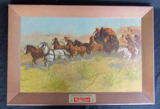 Excellent Original 1952 Budweiser Beer " Attack on the Overland Stage 1860" Sign 20 x 30"