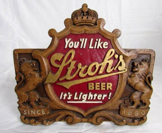 Antique Stroh's Beer Detroit Easel Back Burwood Bar Sign c 1940's/50's.